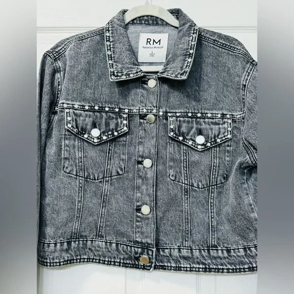 NWOT Rebecca Minkoff Studded Light Black Wash Denim Jean Jacket Women’s Sz L - Picture 2 of 16